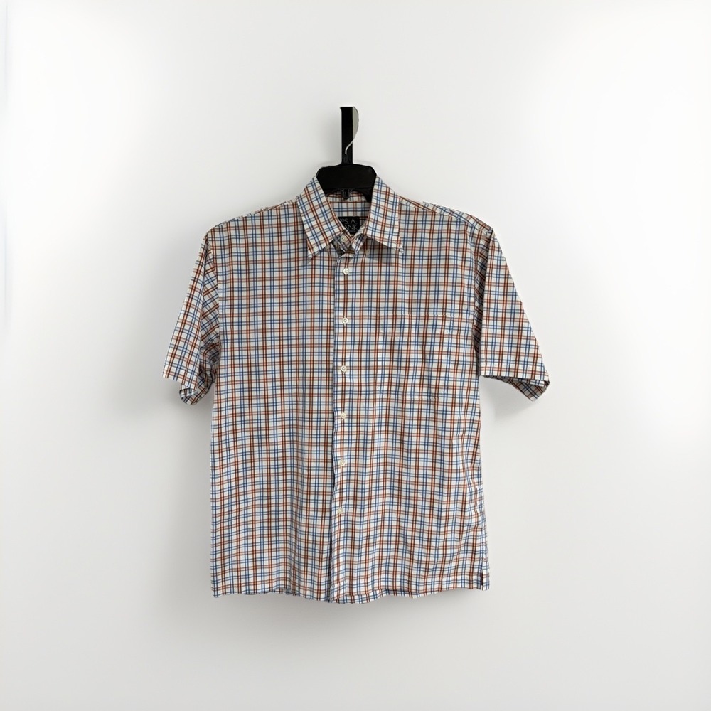 Jos A Bank mens dress shirt short sleeve cotton non iron MEDIUM orange blue C109